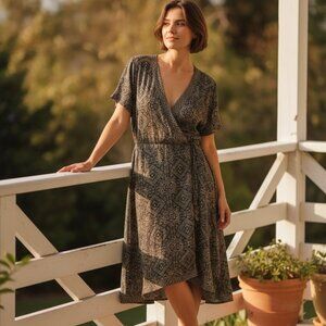 Michael Kors Blouson Dress Asymmetrical Large Brown Gold Long Sleeve Deep V-Neck